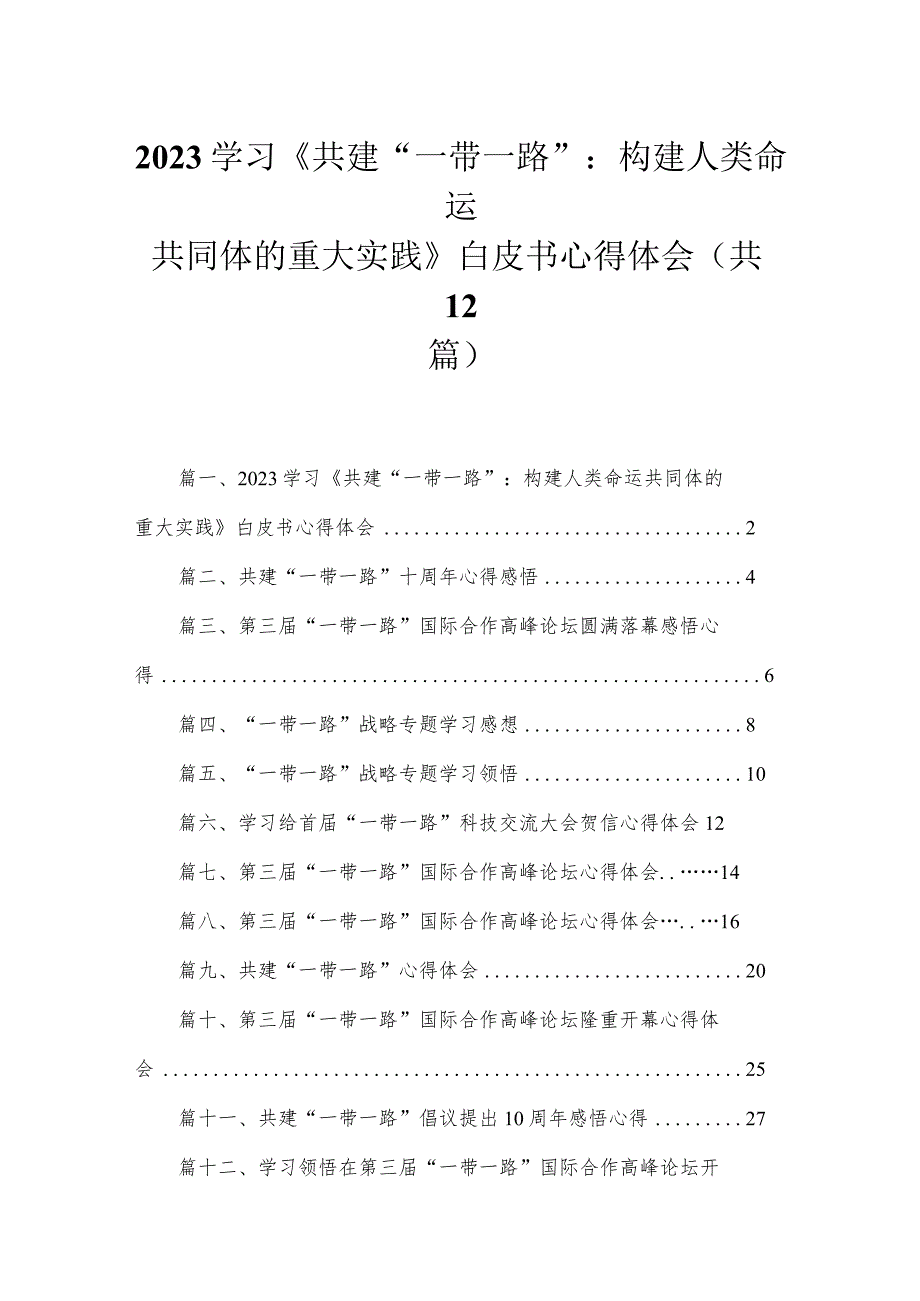 (12篇)学习《共建“一带一路”：构建人类命运共同体的重大实践》白皮书心得体会范本.docx_第1页