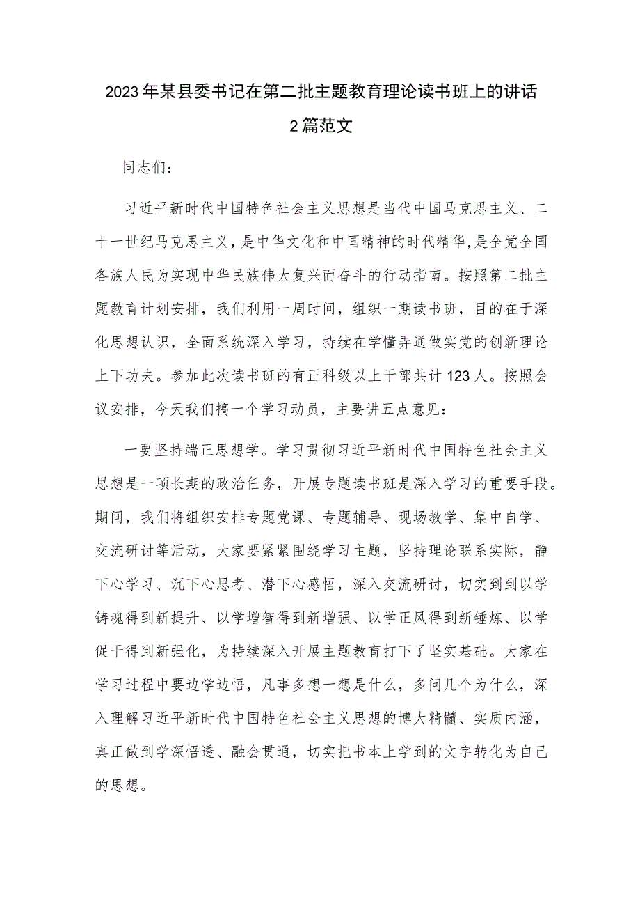 2023年某县委书记在第二批主题教育理论读书班上的讲话2篇范文.docx_第1页