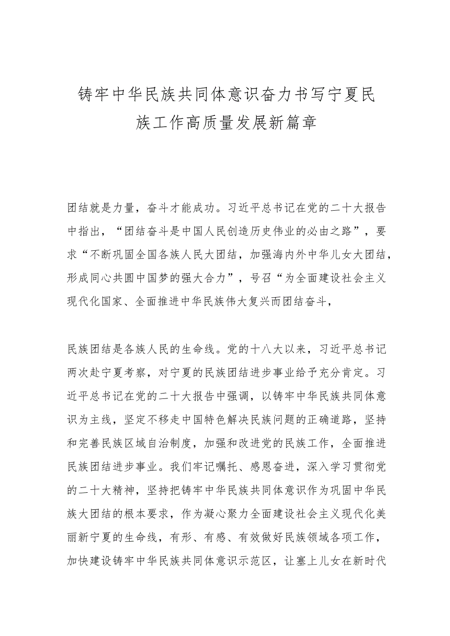 铸牢中华民族共同体意识 奋力书写宁夏民族工作高质量发展新篇章.docx_第1页