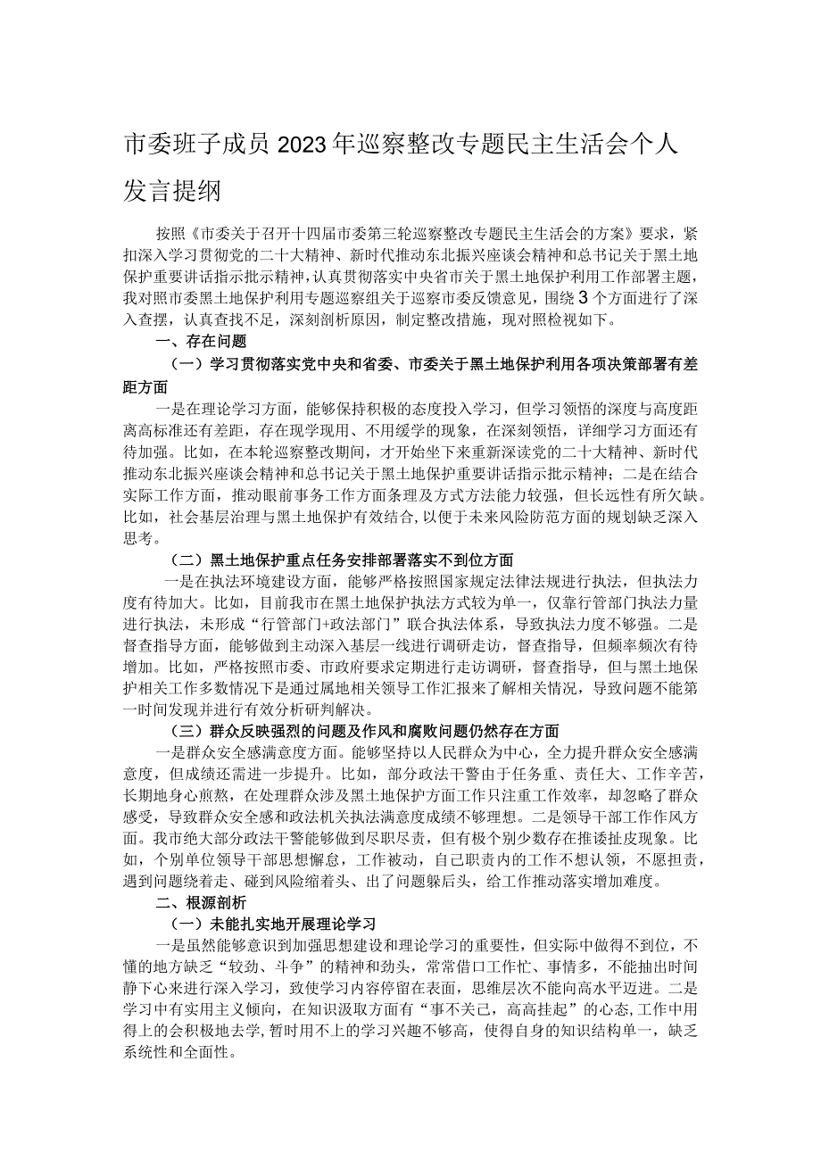 市委班子成员2023年巡察整改专题民主生活会个人发言提纲.docx_第1页