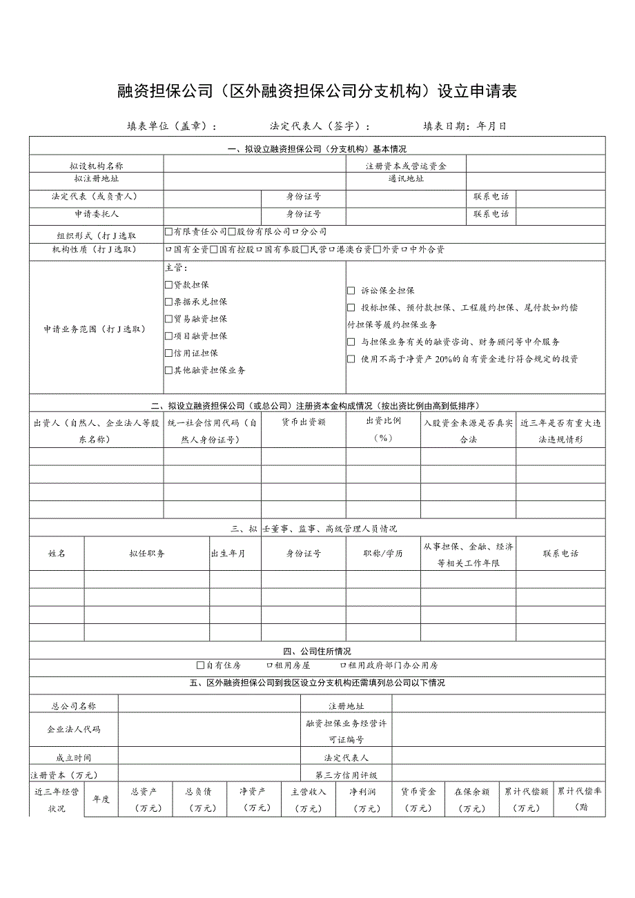 融资担保公司区外融资担保公司分支机构设立申请表.docx_第1页