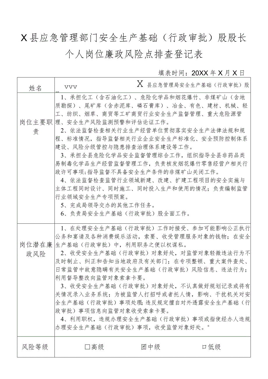 某县应急管理部门安全生产基础(行政审批)股股长个人岗位廉政风险点排查登记表.docx_第1页