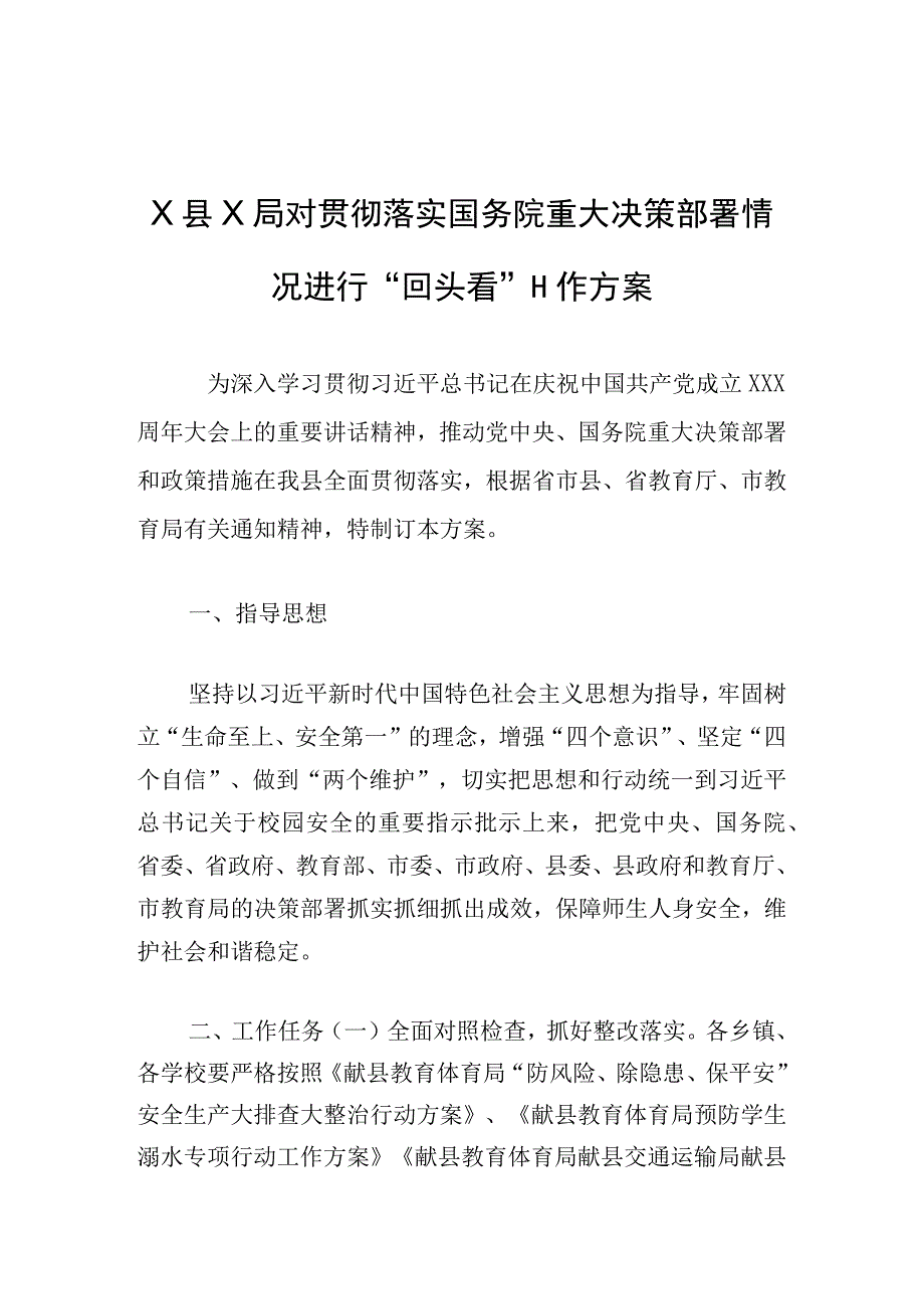 贯彻落实重大决策部署情况进行 “回头看”工作方案.docx_第1页