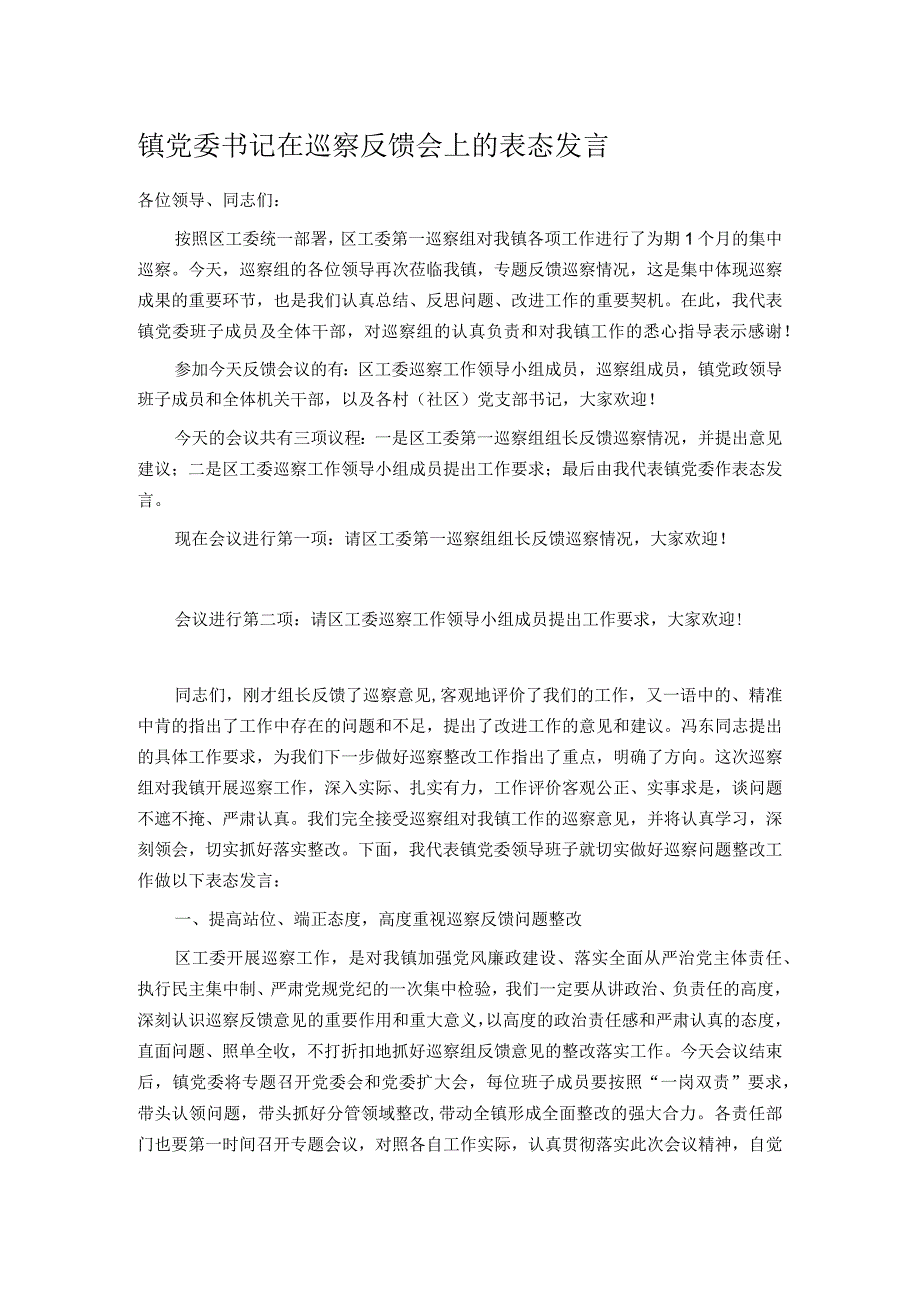 镇党委书记在巡察反馈会上的表态发言.docx_第1页