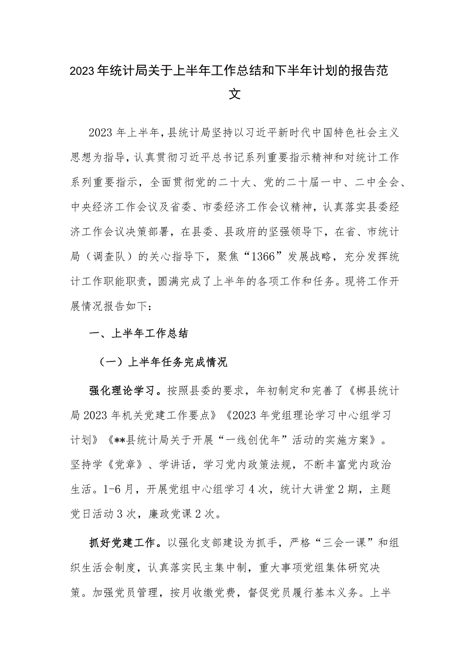 2023年统计局关于上半年工作总结和下半年计划的报告范文.docx_第1页