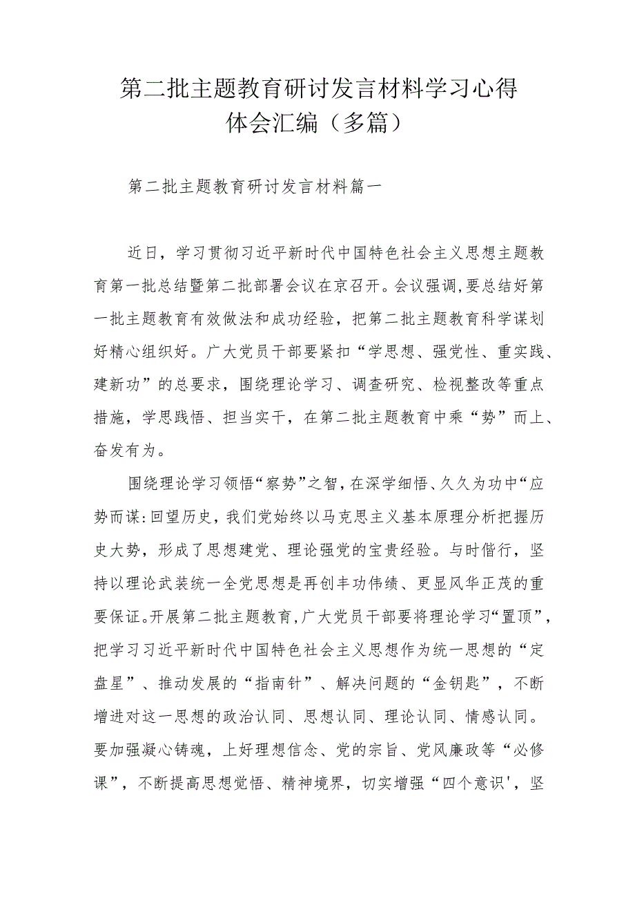 第二批主题教育研讨发言材料学习心得体会汇编（多篇）.docx_第1页