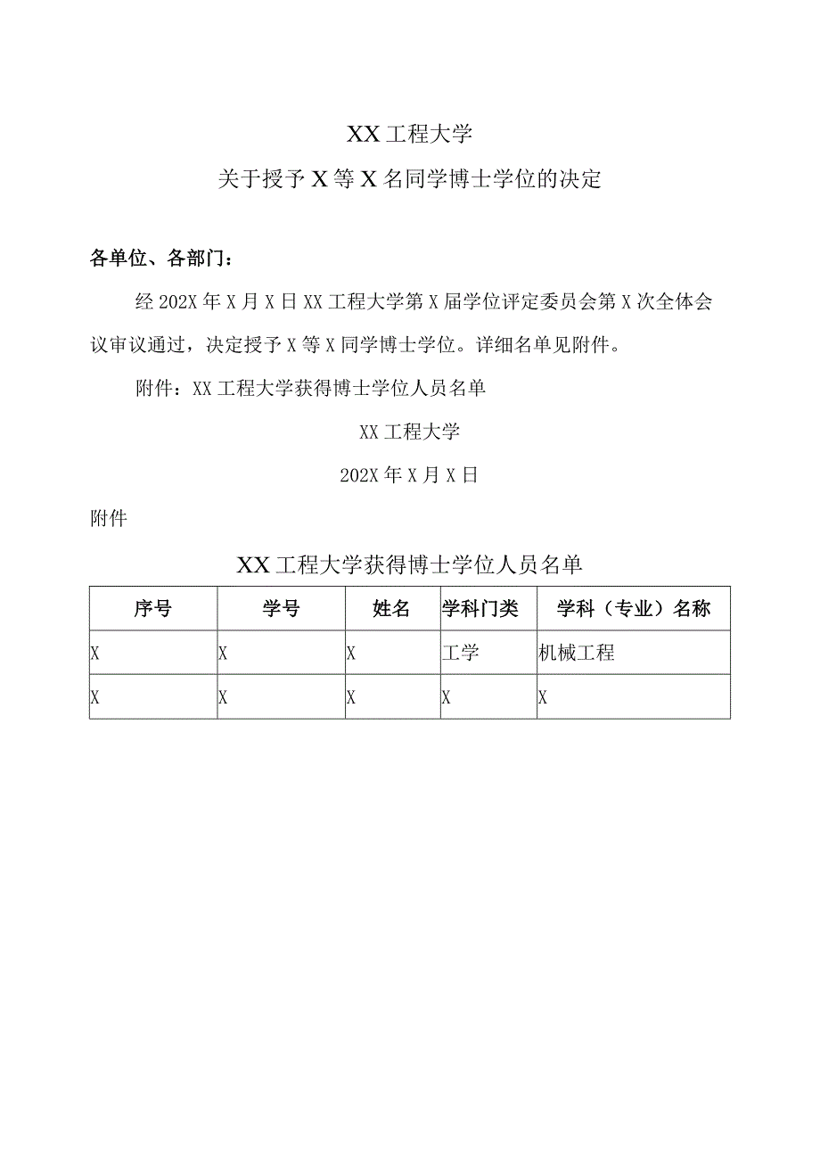 XX工程大学关于授予X等X名同学博士学位的决定.docx_第1页