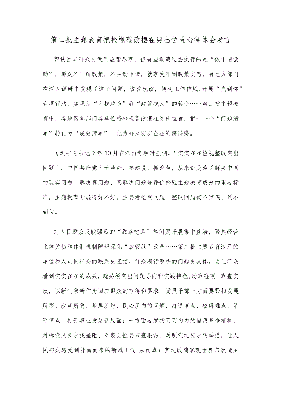 第二批主题教育把检视整改摆在突出位置心得体会发言.docx_第1页