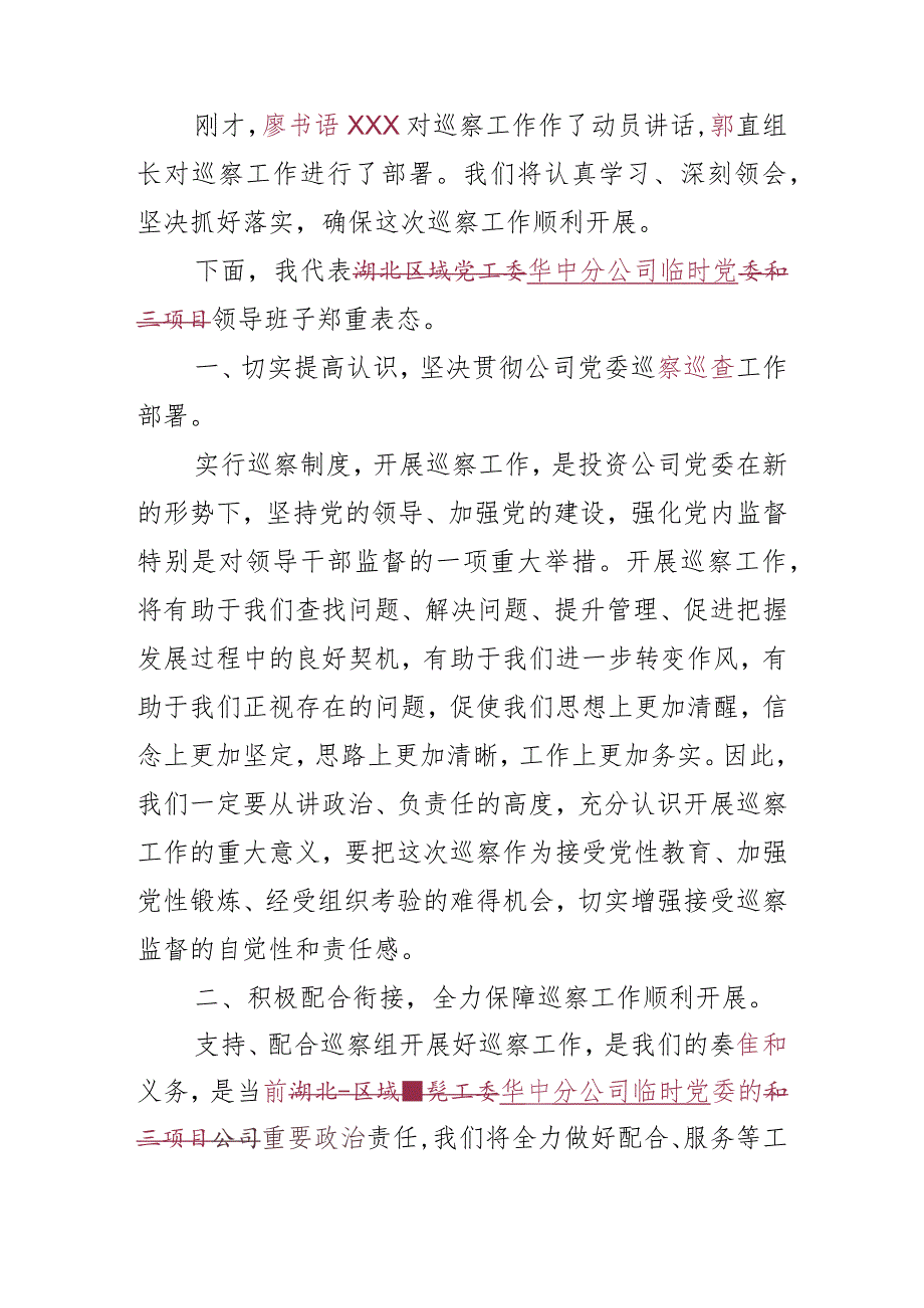 中交投资党工委第一巡察组巡察华中分公司临时党委工作动员会上的表态发言.docx_第2页