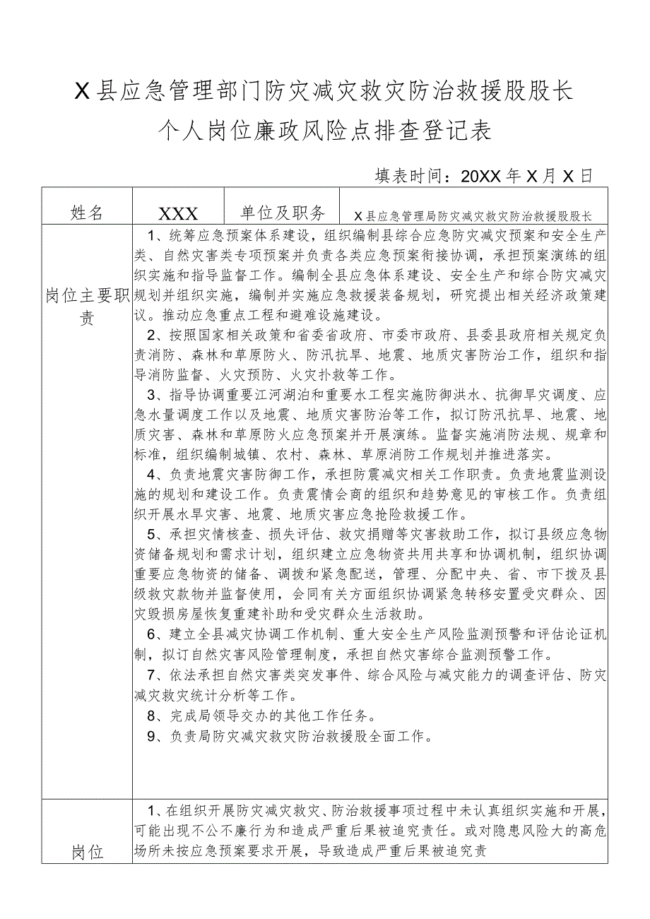 X县应急管理部门防灾减灾救灾防治救援股股长个人岗位廉政风险点排查登记表.docx_第1页