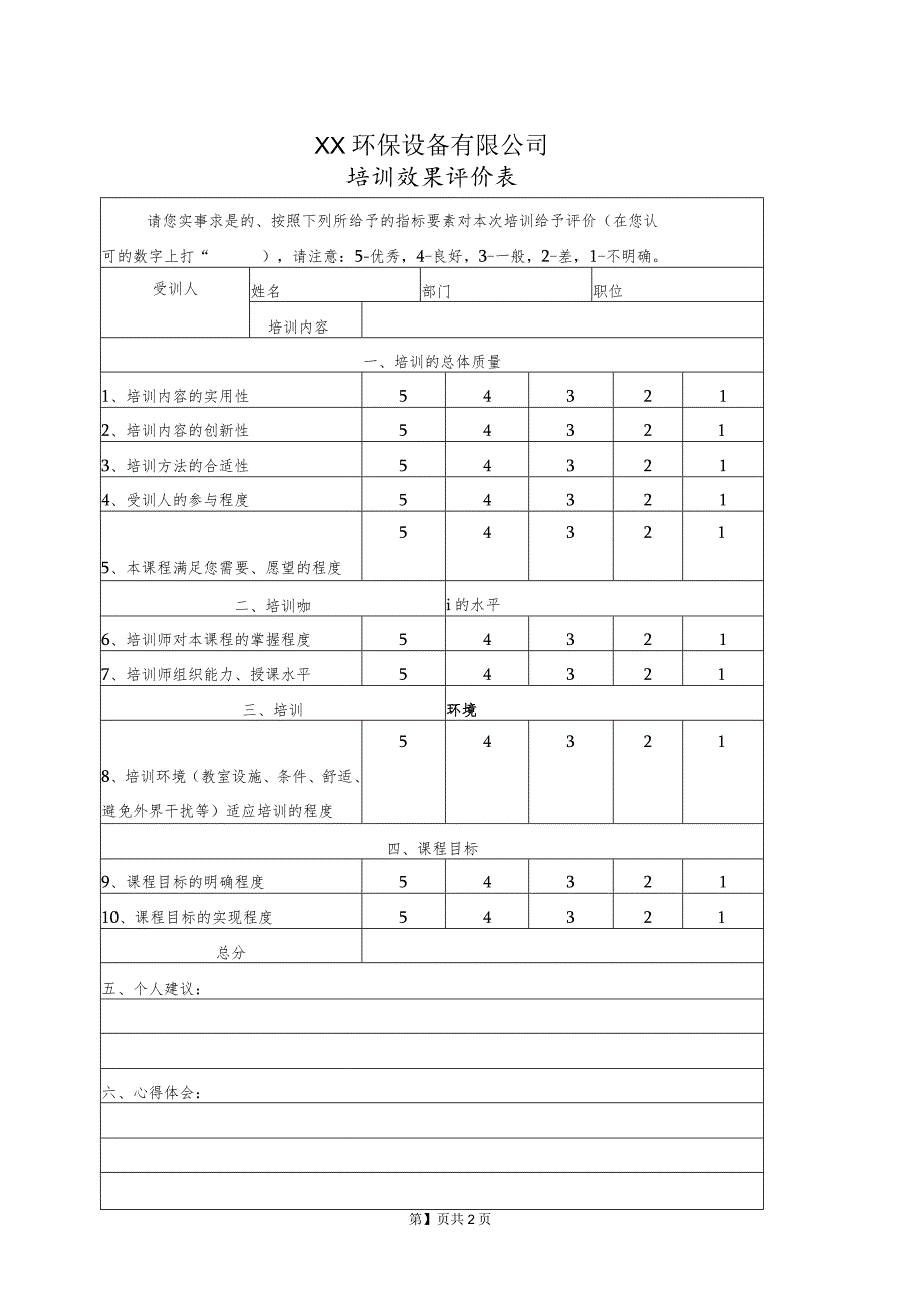 XX环保设备有限公司培训效果评价表（2023年）.docx_第1页