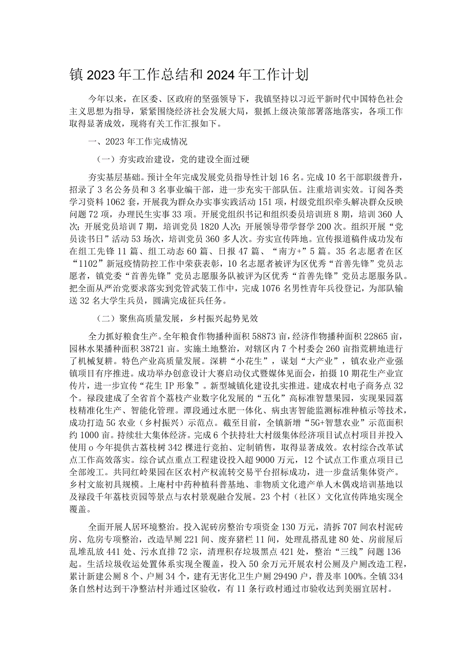 镇2023年工作总结和2024年工作计划.docx_第1页