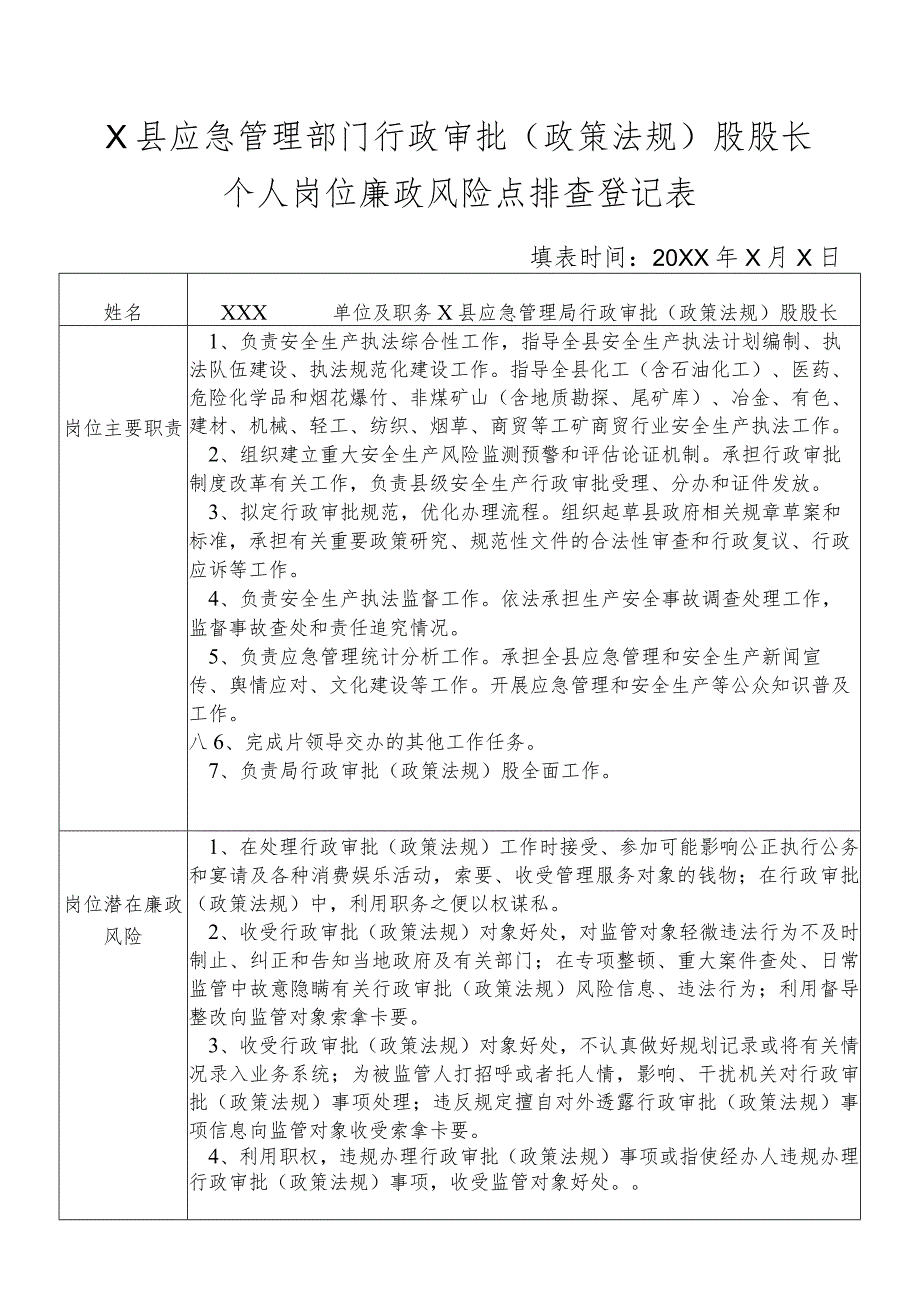 某县应急管理部门行政审批（政策法规）股股长个人岗位廉政风险点排查登记表.docx_第1页