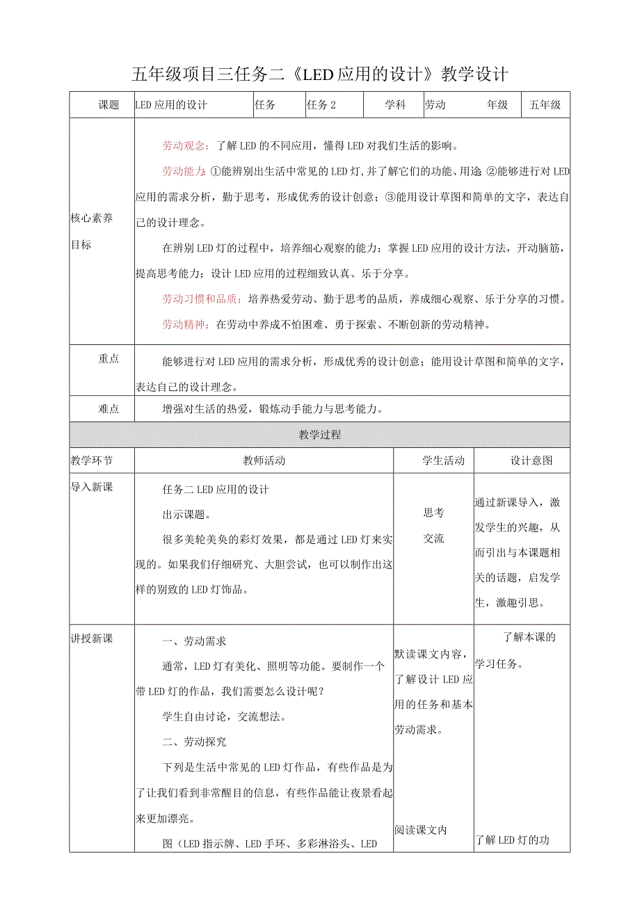 浙教版劳动教育五年级上册项目三 任务二《LED应用的设计》教案.docx_第1页