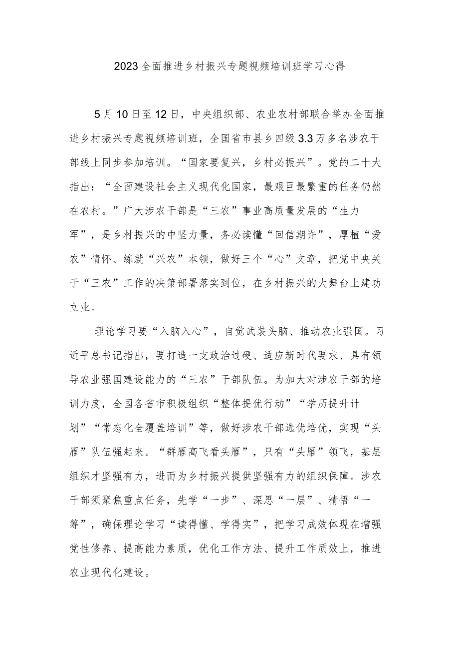 2023全面推进乡村振兴专题视频培训班学习心得2篇.docx_第3页