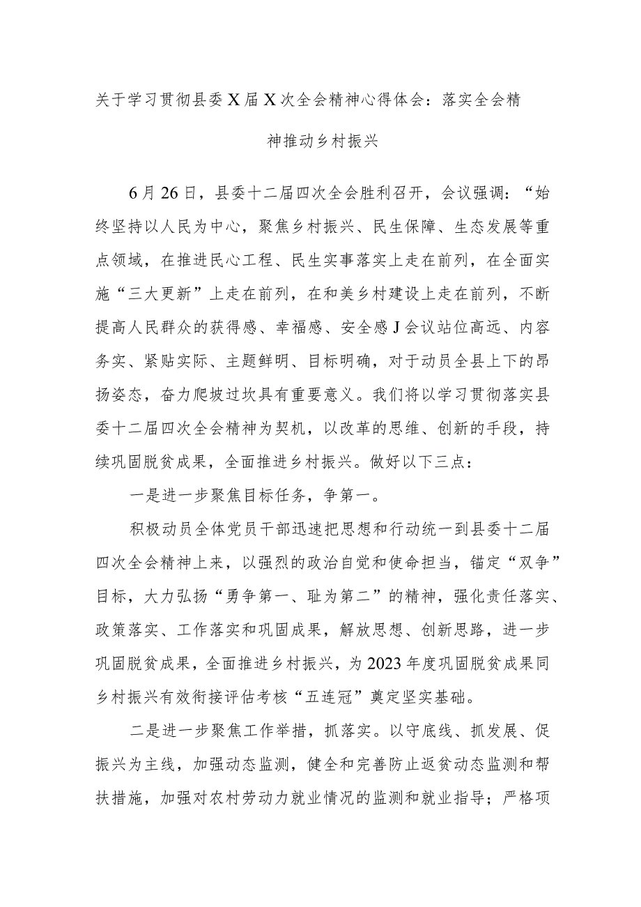 关于学习贯彻县委X届X次全会精神心得体会：落实全会精神推动乡村振兴.docx_第1页