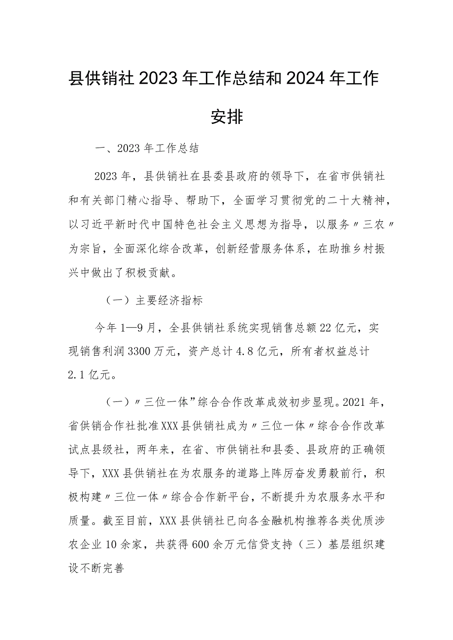 县供销社2023年工作总结和2024年工作安排.docx_第1页