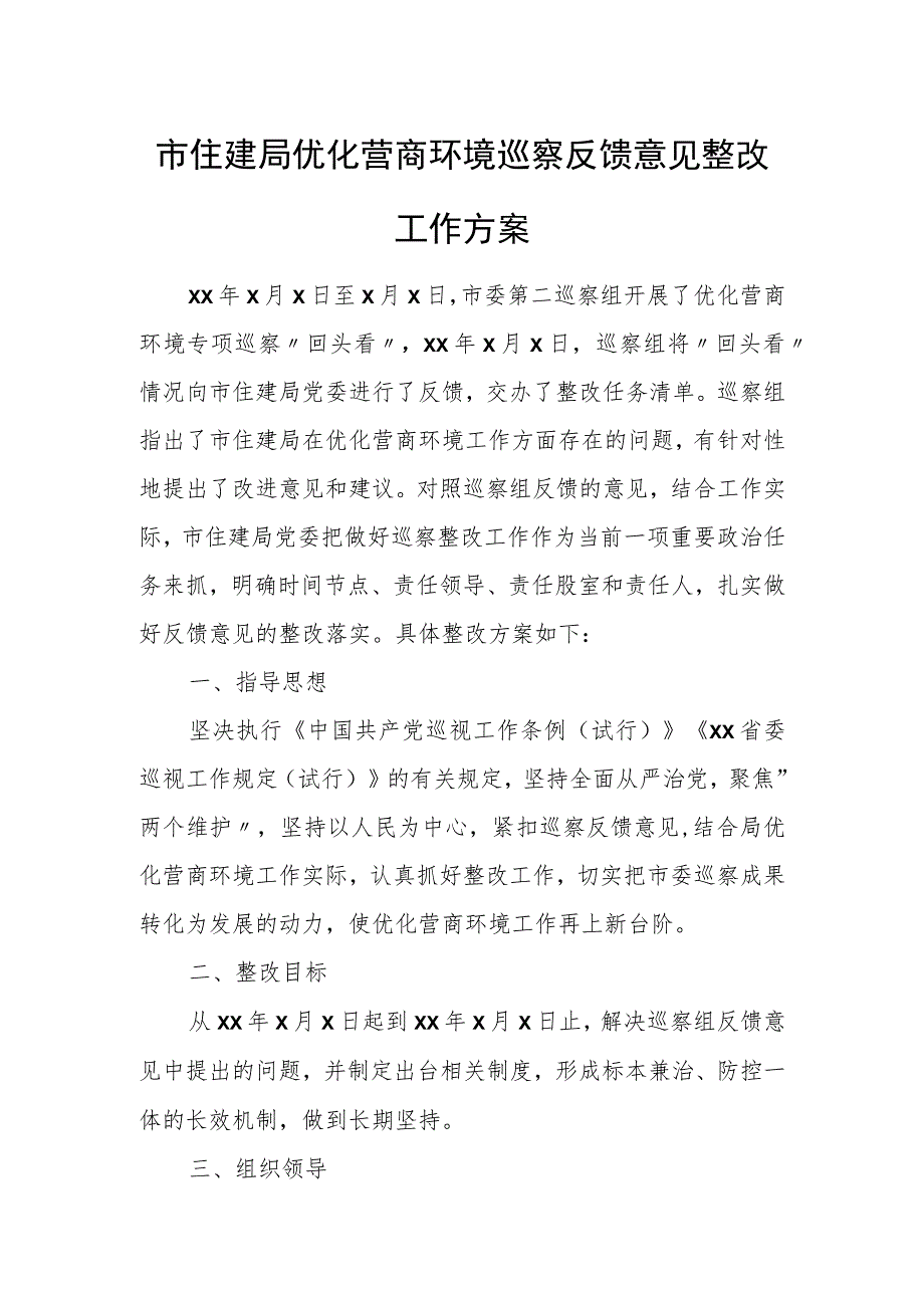 市住建局优化营商环境巡察反馈意见整改工作方案.docx_第1页