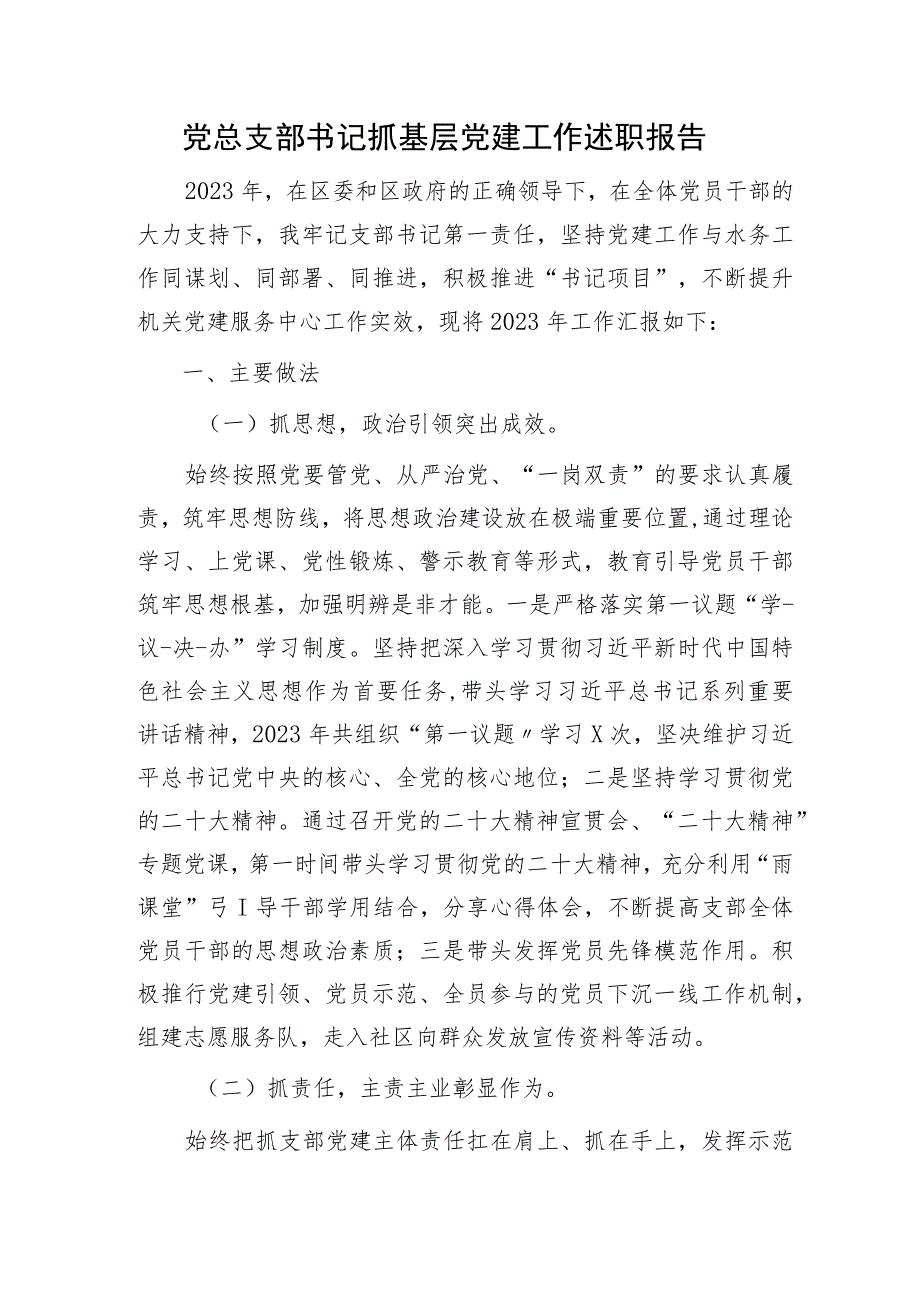 2023年总支部书记抓基层党建工作述职报告2900字.docx_第1页