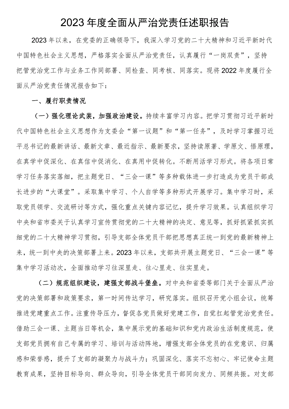 2023年度全面从严治党责任述职报告 .docx_第1页