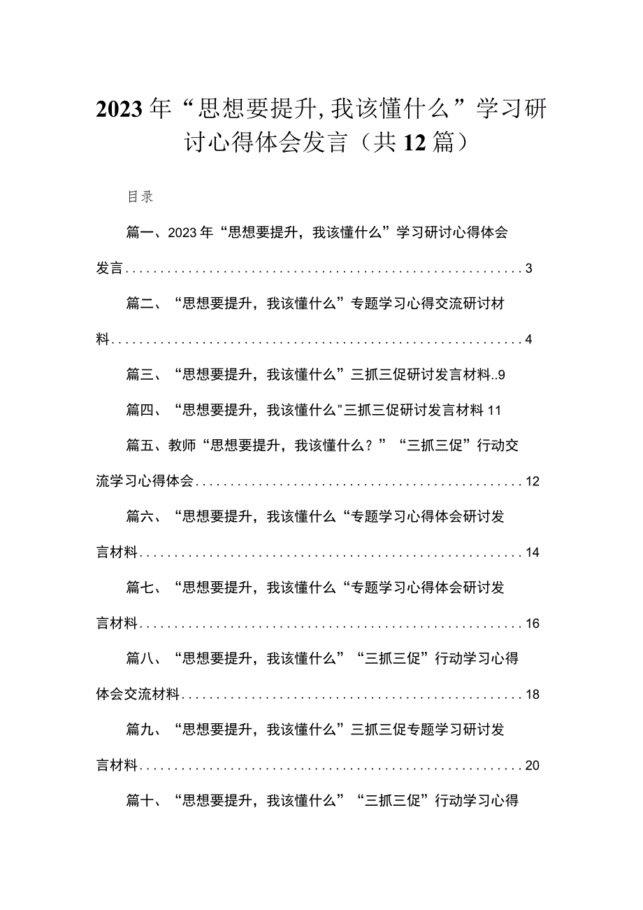 （12篇）2023年“思想要提升我该懂什么”学习研讨心得体会发言精选.docx_第1页