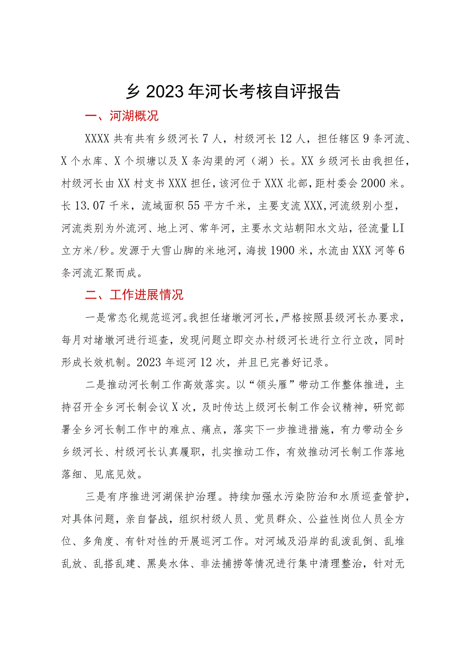 乡2023年河长制考核自评报告.docx_第1页