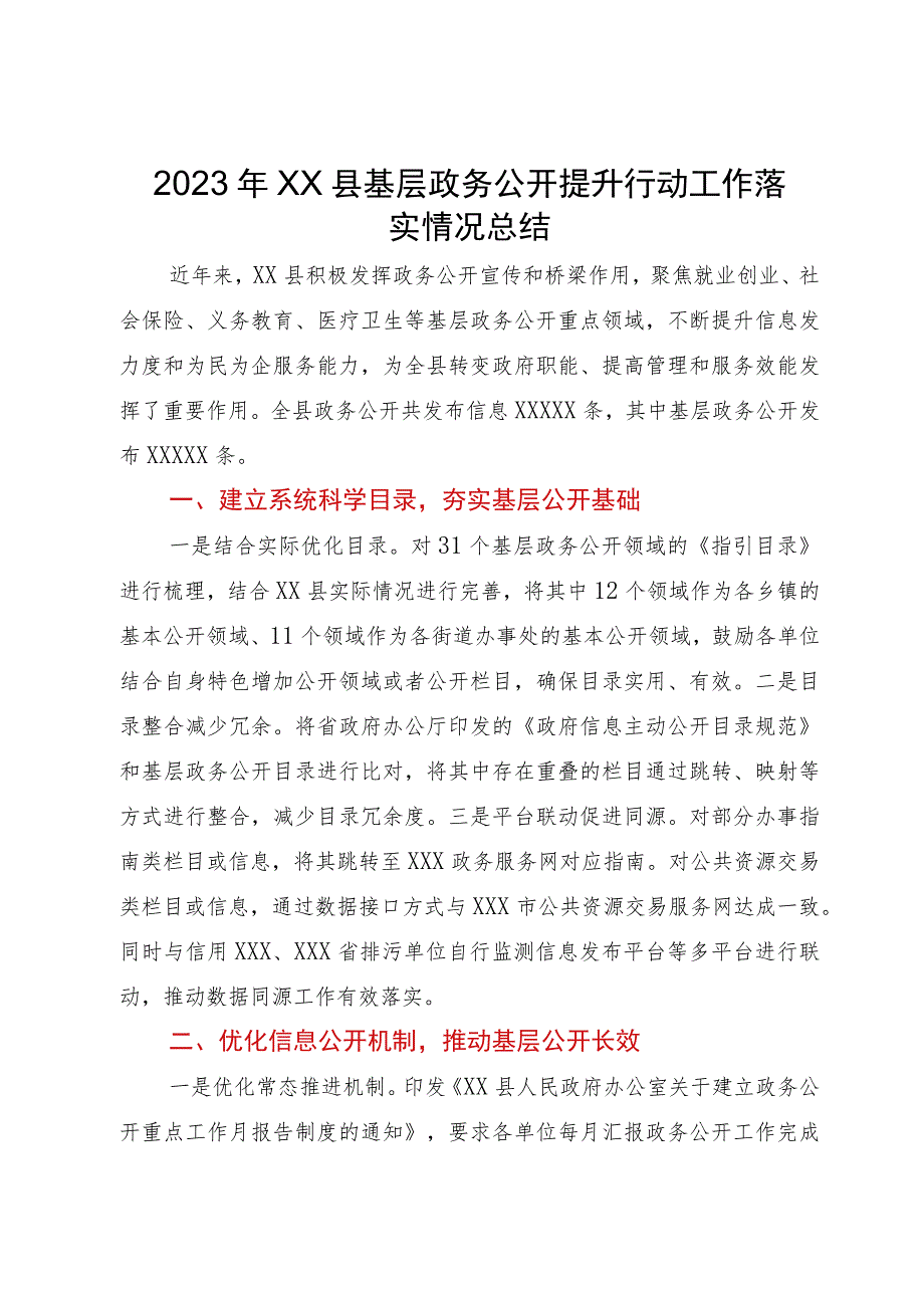 2023年县基层政务公开提升行动工作落实情况总结.docx_第1页