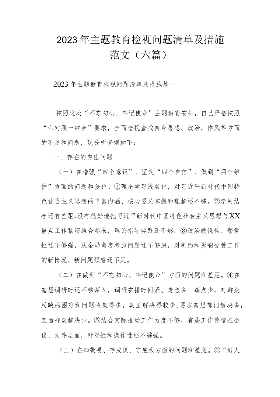 2023年主题教育检视问题清单及措施范文（六篇）.docx_第1页