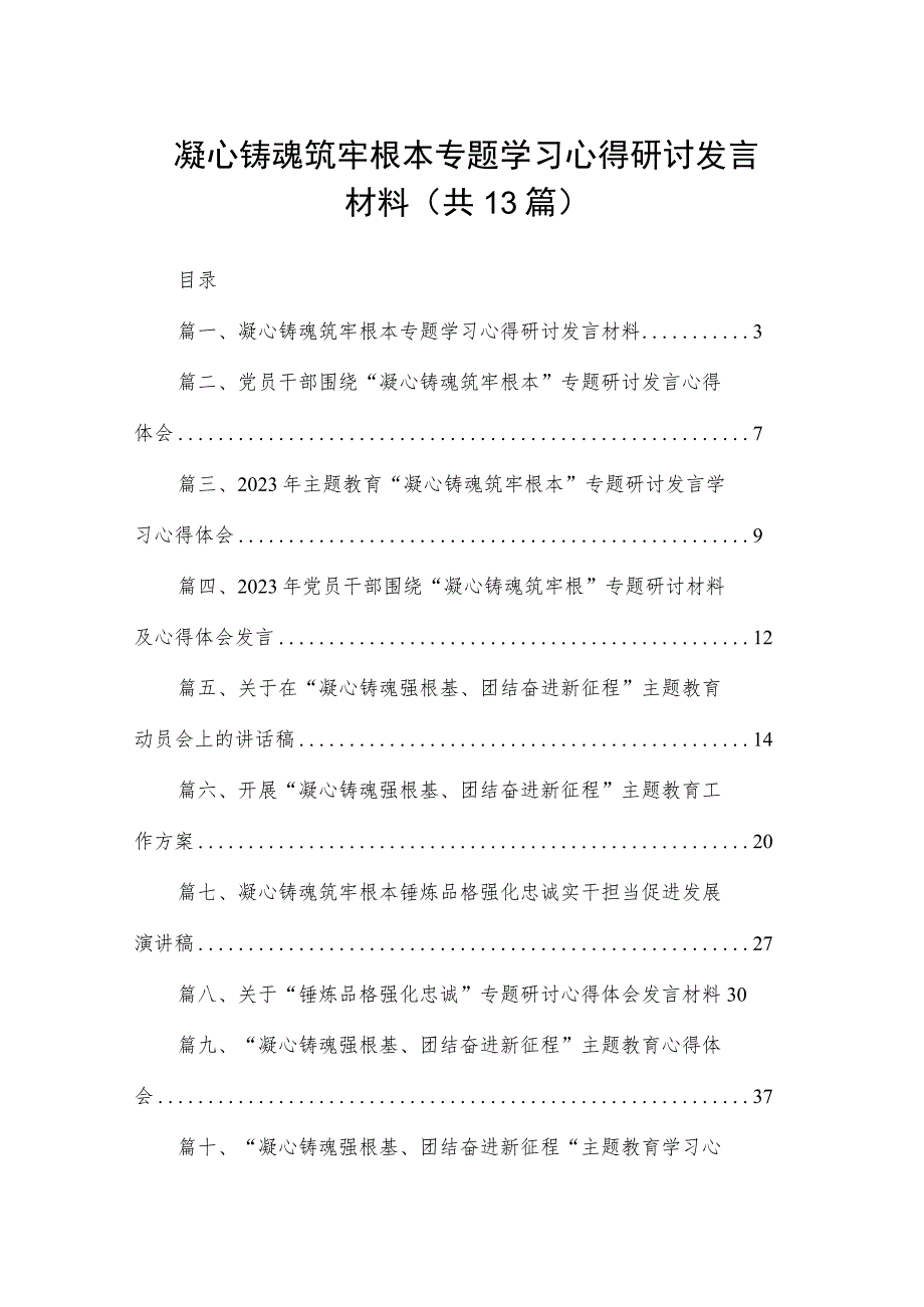 凝心铸魂筑牢根本专题学习心得研讨发言材料（13篇）.docx_第1页