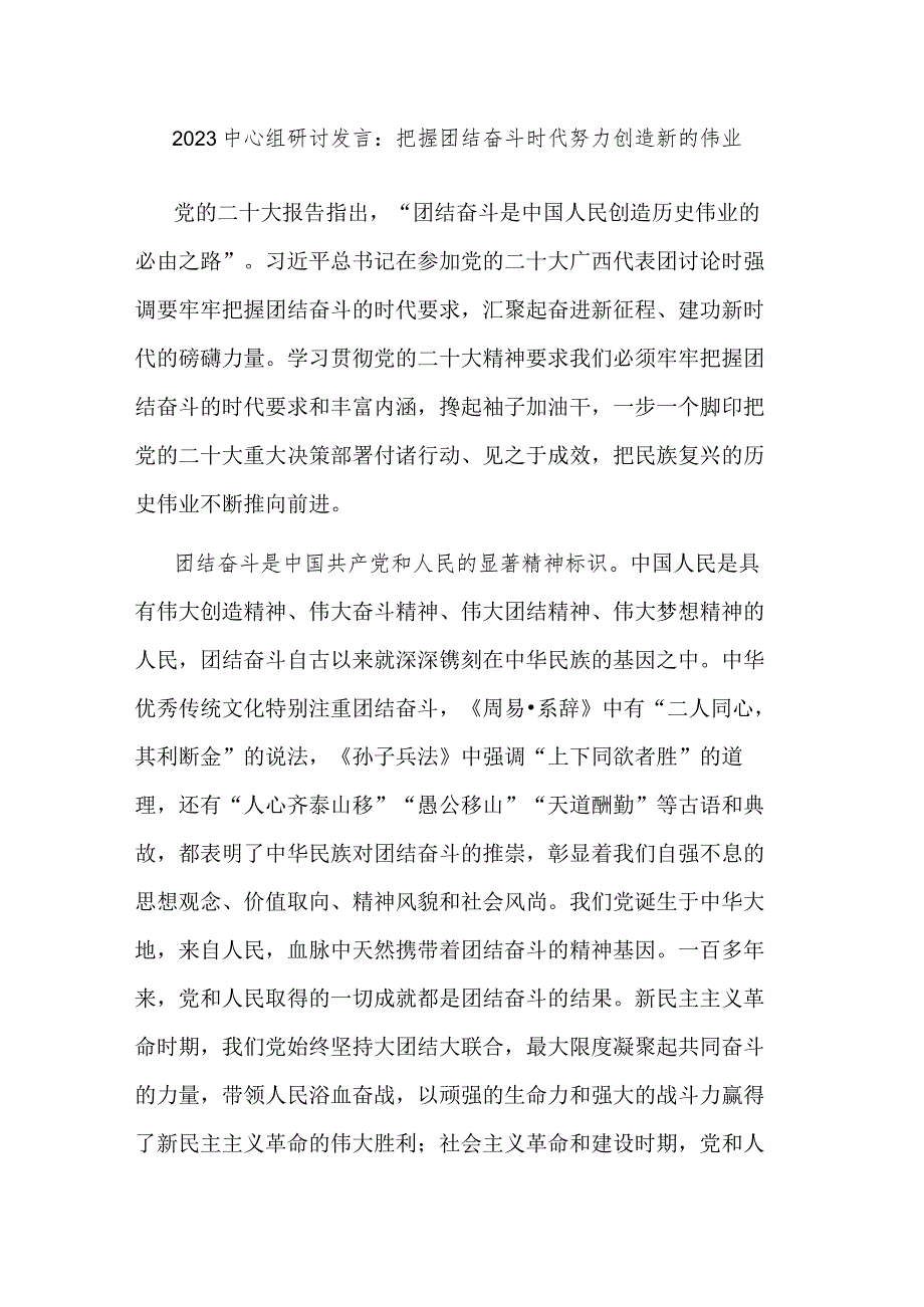 2023中心组研讨发言：把握团结奋斗时代 努力创造新的伟业.docx_第1页