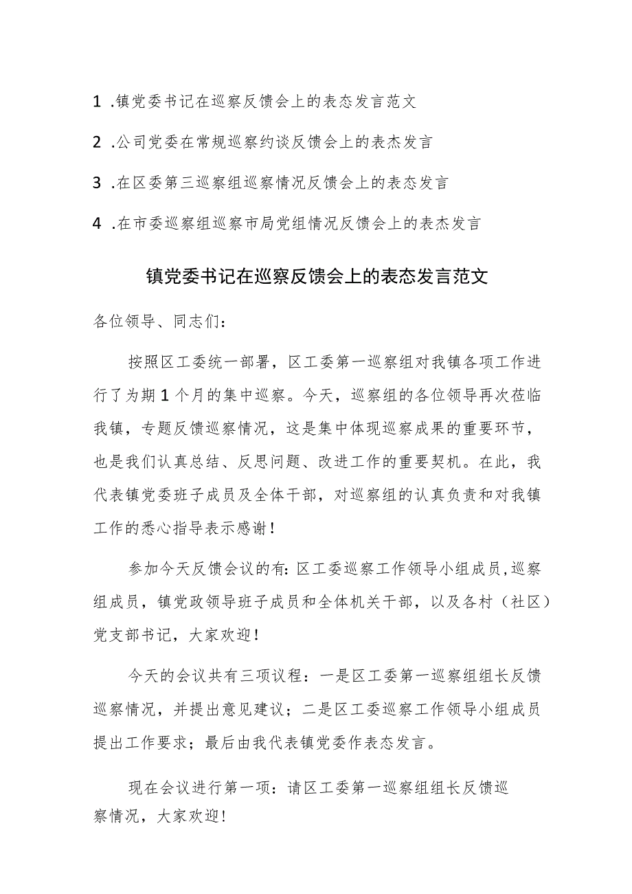 2023年在巡察反馈会上的表态发言范文4篇.docx_第1页