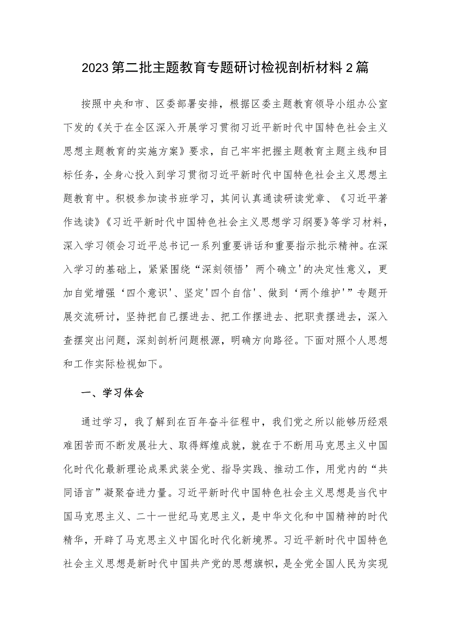 2023第二批主题教育专题研讨检视剖析材料2篇.docx_第1页