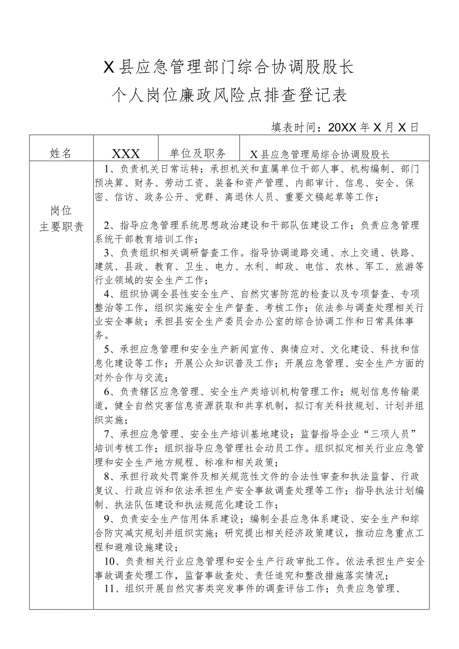 某县应急管理部门综合协调股股长个人岗位廉政风险点排查登记表.docx_第1页