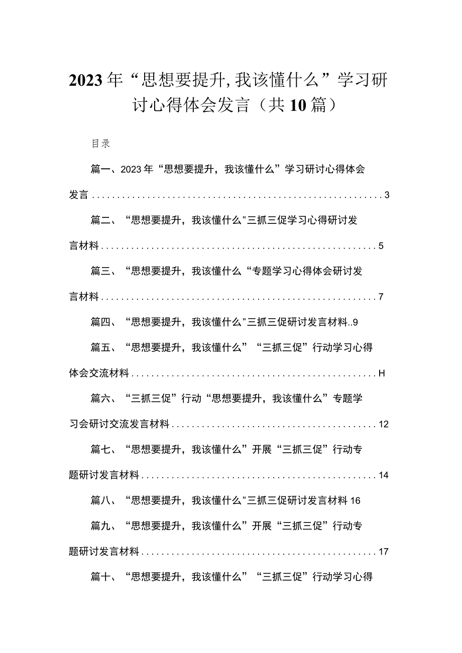 2023年“思想要提升我该懂什么”学习研讨心得体会发言范文精选(10篇).docx_第1页