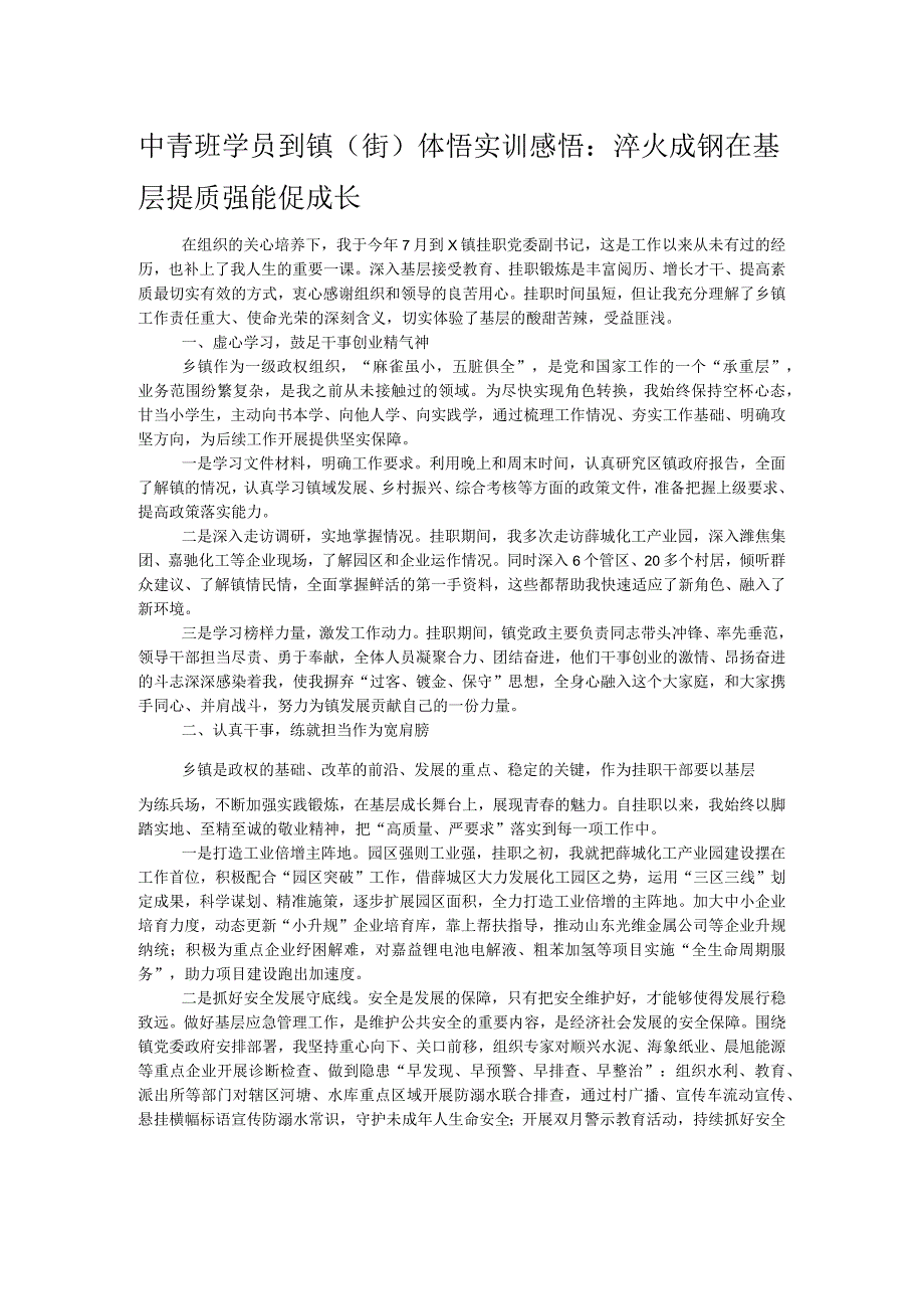 中青班学员到镇（街）体悟实训感悟：淬火成钢在基层 提质强能促成长.docx_第1页