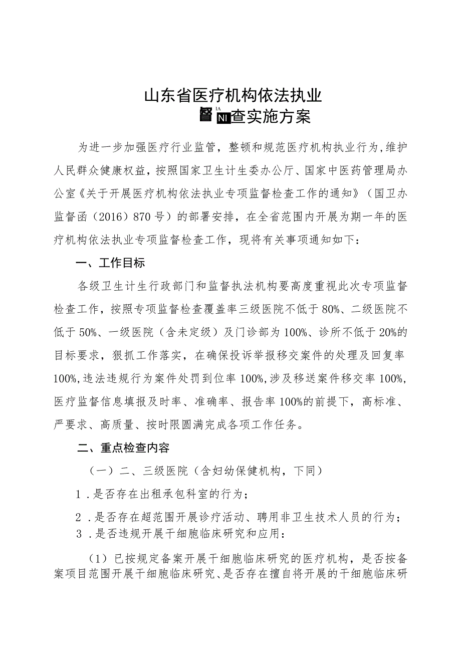 山东省医疗机构依法执业专项监督检查实施方案.docx_第1页