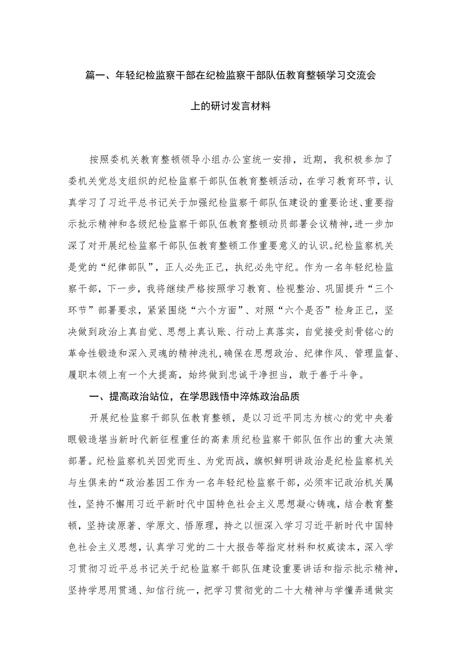 2023年轻纪检监察干部在纪检监察干部队伍教育整顿学习交流会上的研讨发言材料（共6篇）.docx_第2页