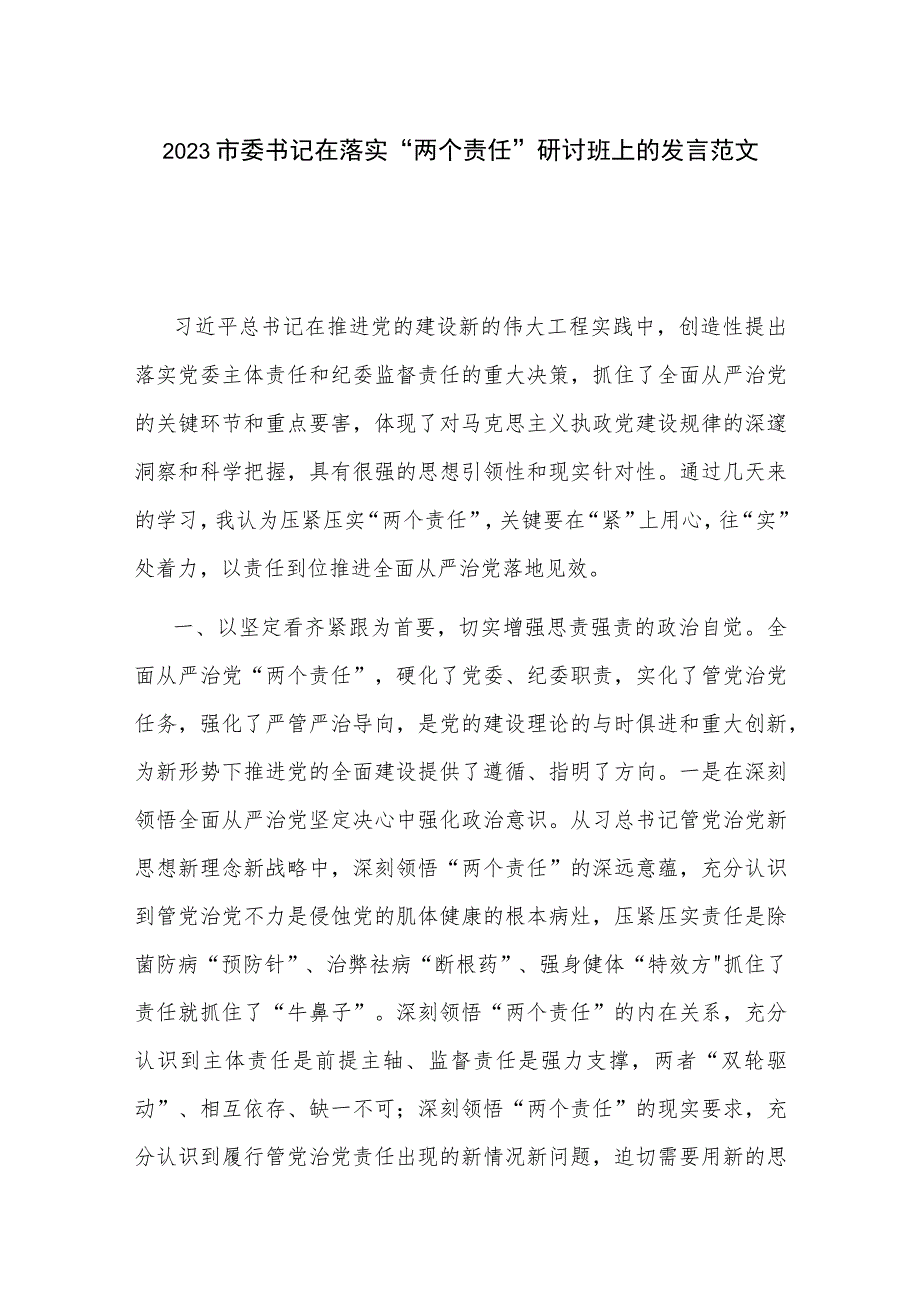 2023市委书记在落实“两个责任”研讨班上的发言范文.docx_第1页