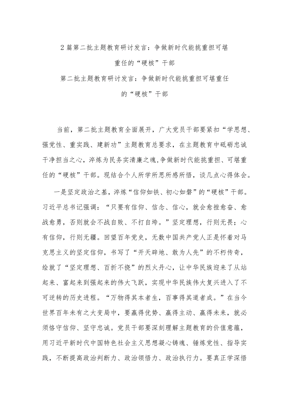 2篇第二批主题教育研讨发言：争做新时代能挑重担 可堪重任的“硬核”干部.docx_第1页