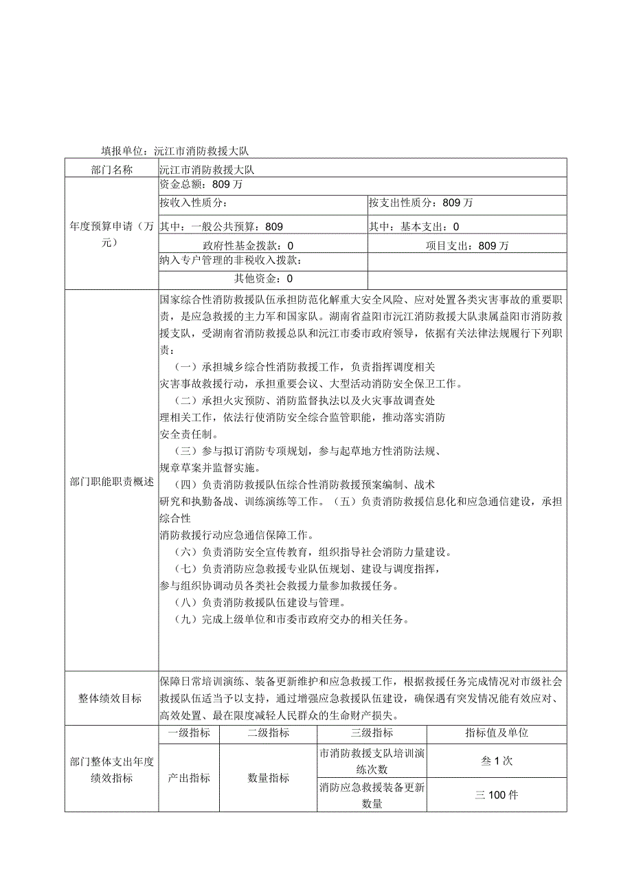 2023年沅江市消防救援大队整体支出绩效目标表.docx_第1页