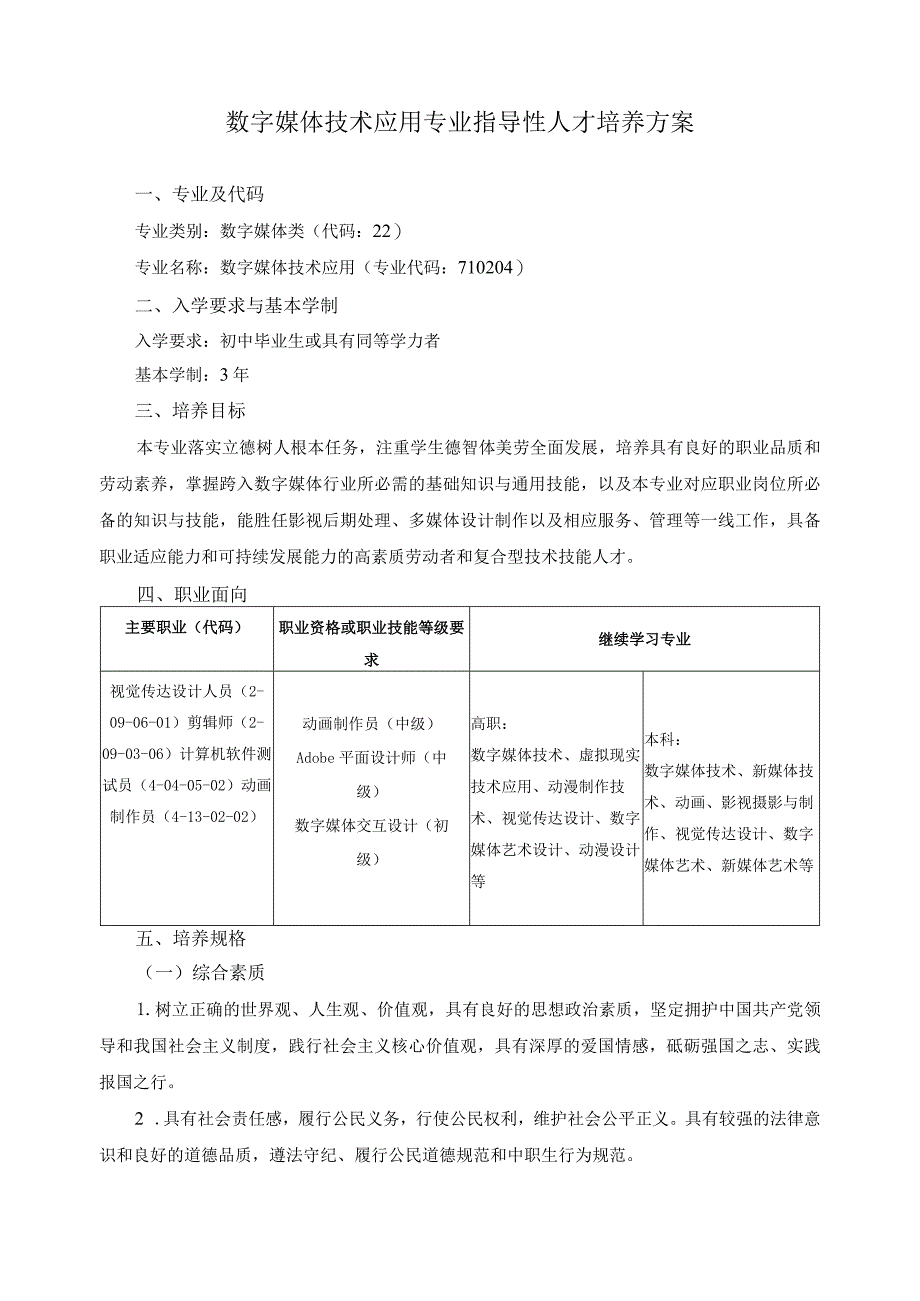 数字媒体技术应用专业指导性人才培养方案.docx_第1页