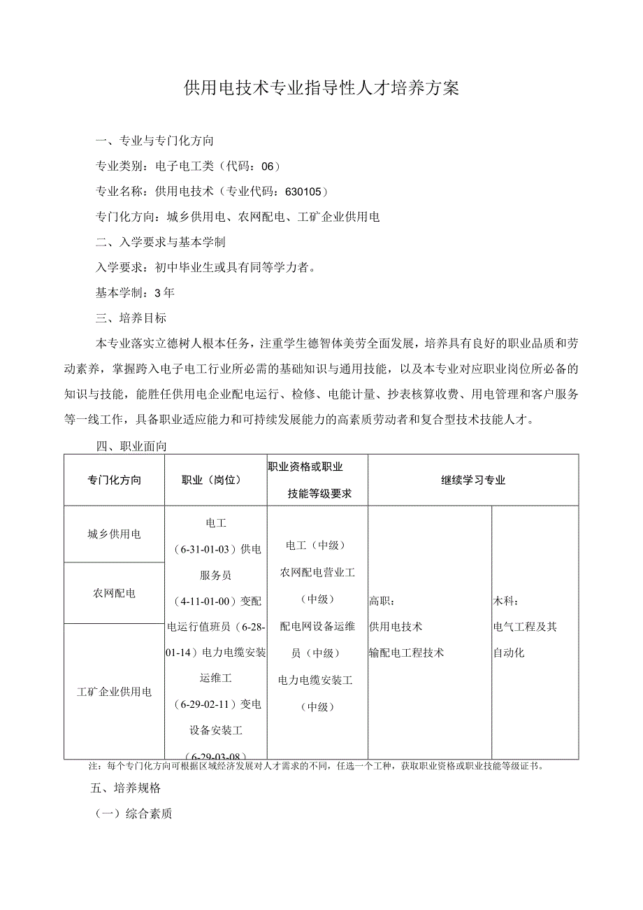 供用电技术专业指导性人才培养方案.docx_第1页