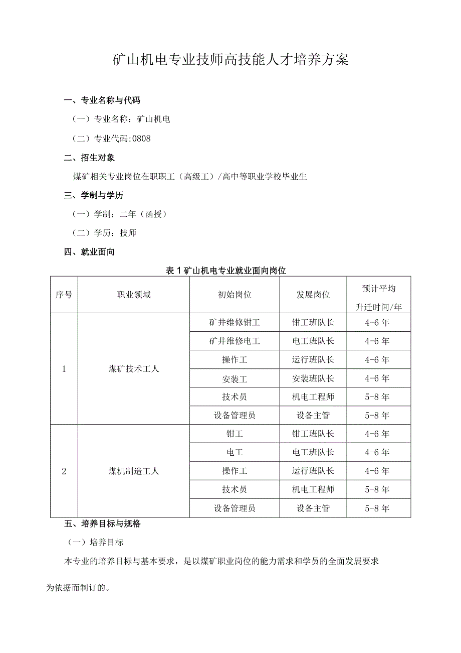 矿山机电专业技师高技能人才培养方案.docx_第1页