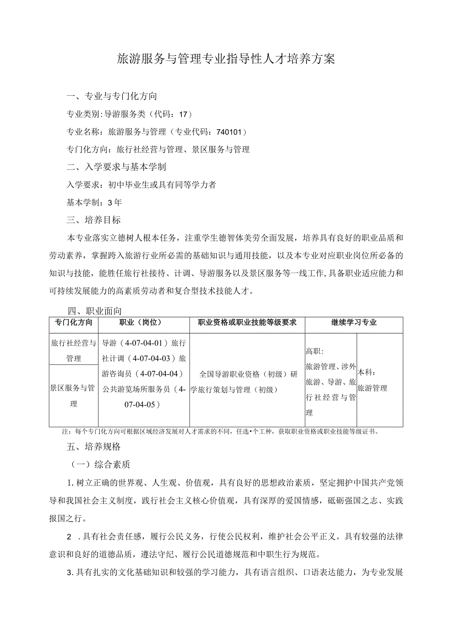 旅游服务与管理专业指导性人才培养方案.docx_第1页