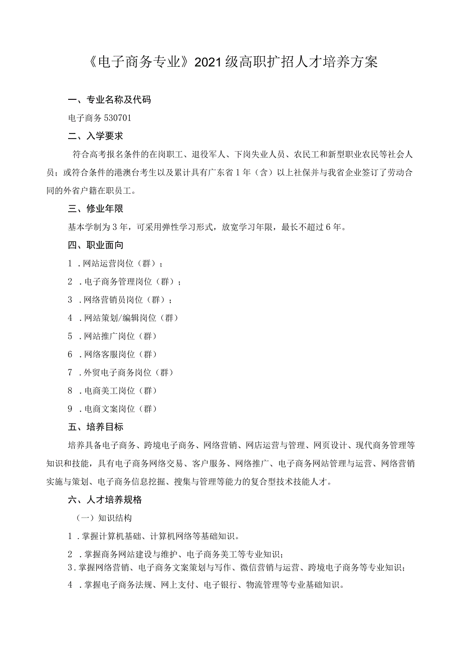 《电子商务专业》2021级高职扩招人才培养方案.docx_第1页