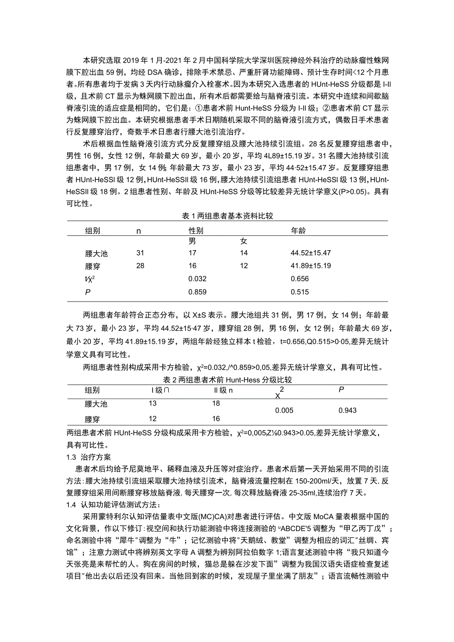 颅内动脉瘤介入栓塞术后血性脑脊液引流方式对认知功能的影响.docx_第2页