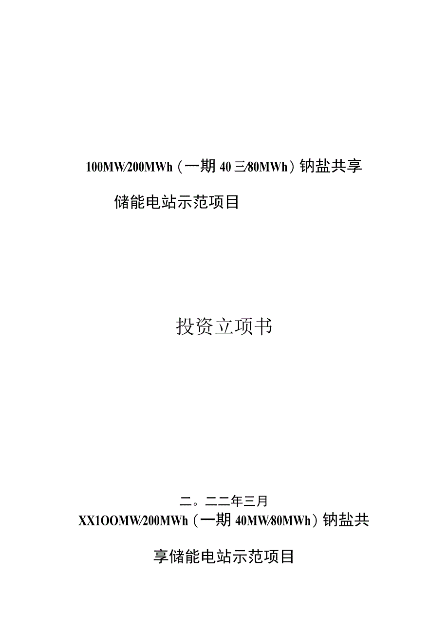 100MW200MWh钠盐共享储能电站示范项目投资立项书.docx_第1页