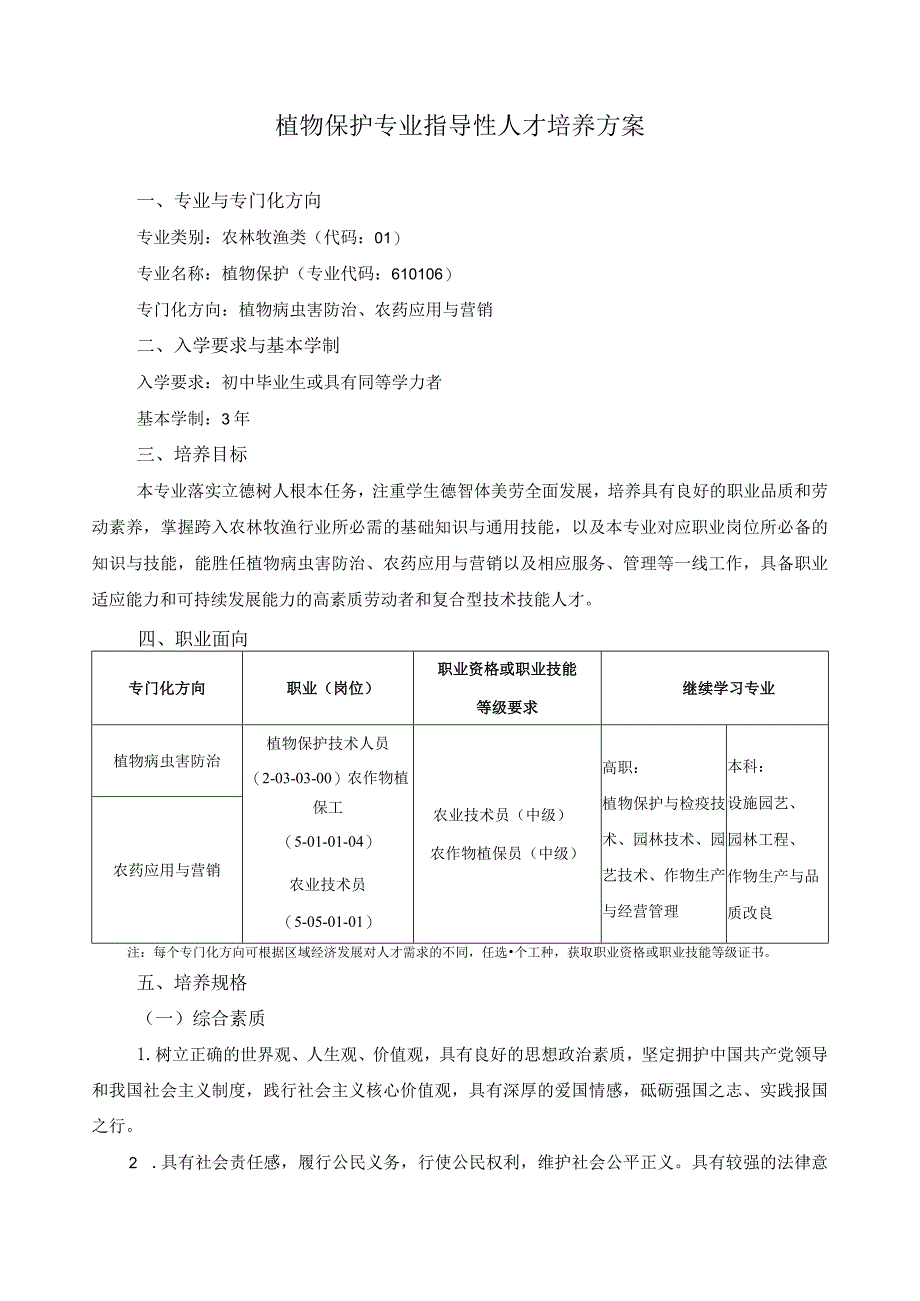 植物保护专业指导性人才培养方案.docx_第1页