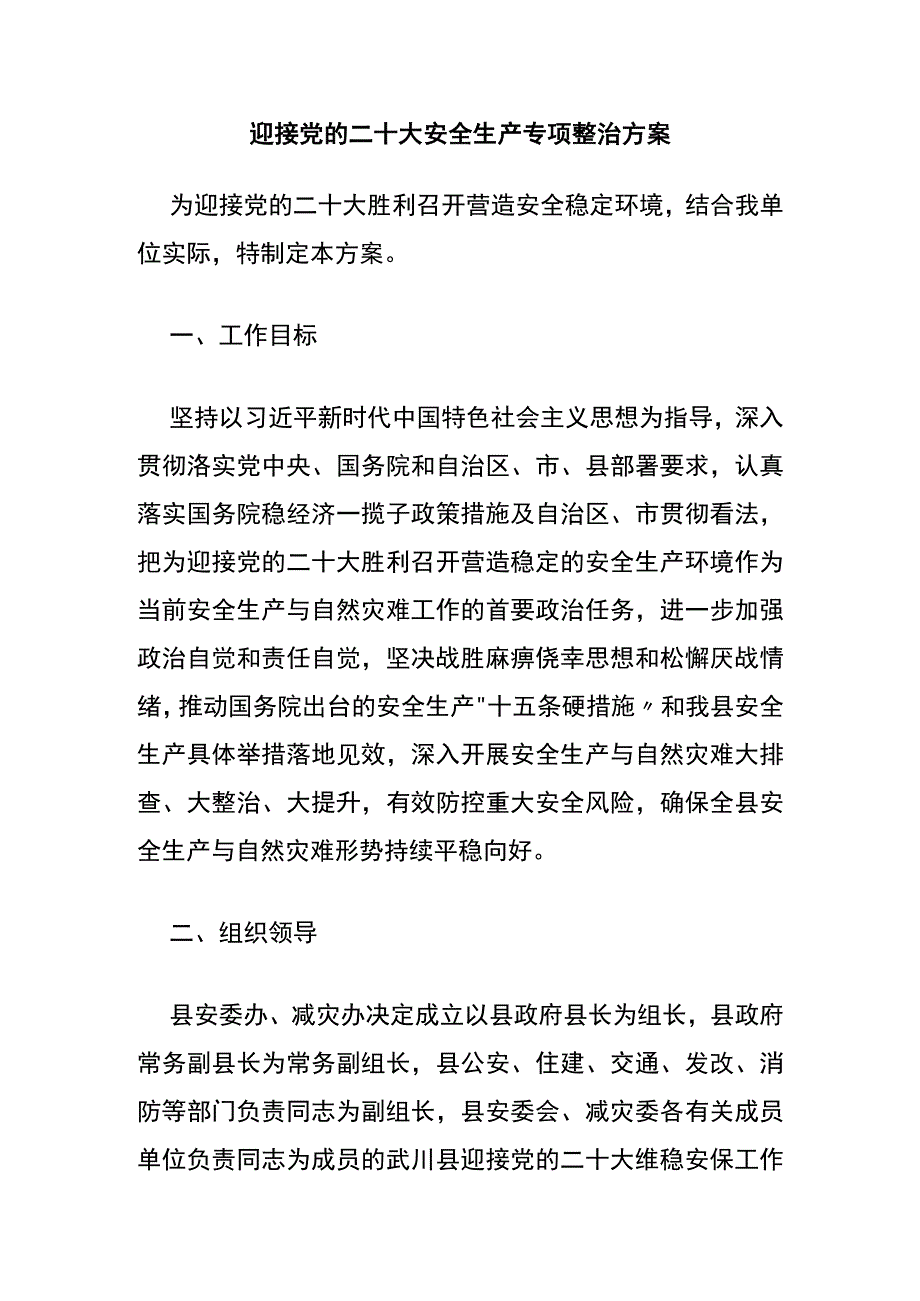 迎接党的二十大安全生产专项整治方案（12页）.docx_第1页