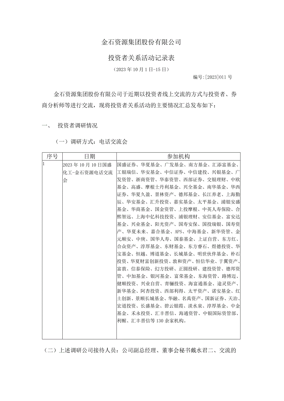 金石资源集团股份有限公司投资者关系活动记录表.docx_第1页